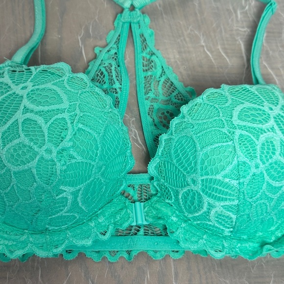 3/$20💥 Victoria’s Secret PINK Bra Teal Blue Lace Date Racerback Padded Push Up - Picture 6 of 14